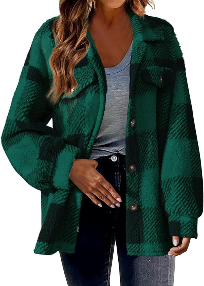 Sherpa Jacket For Women Fuzzy Fleece Winter Coats Plaid Button Down Shacket Casual Warm Teddy Coa... | Amazon (US)