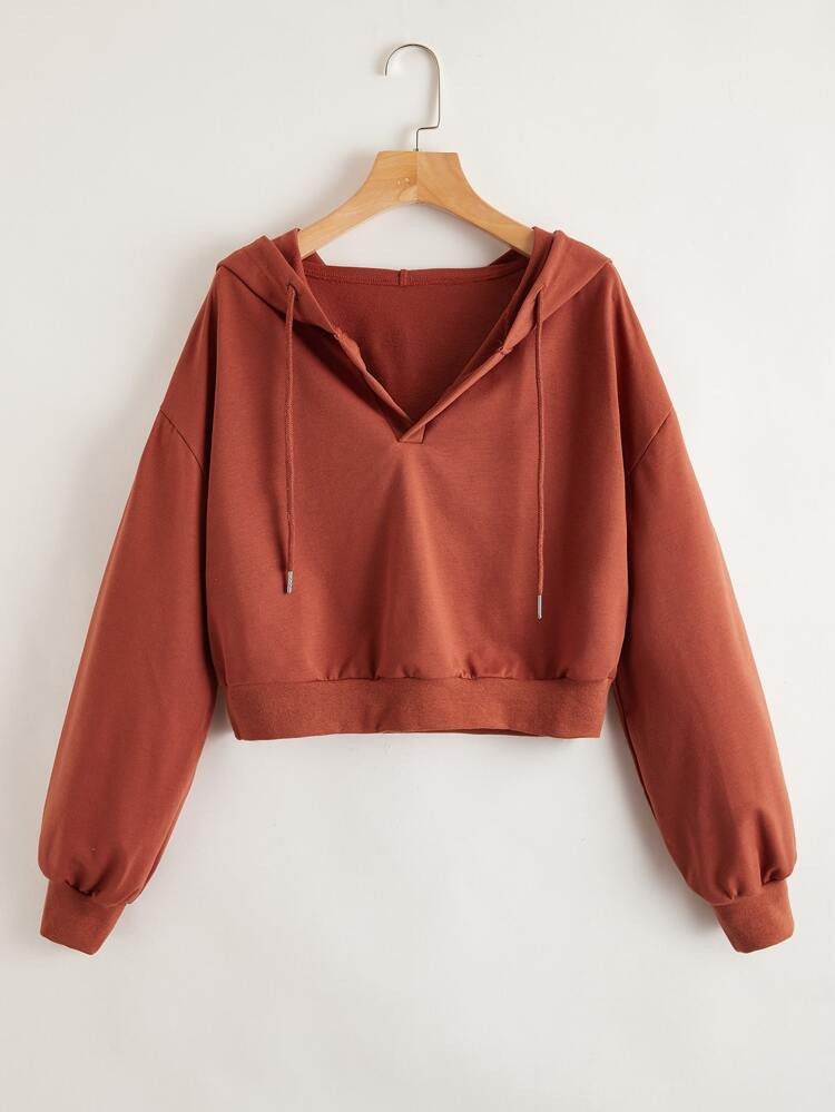 Drop Shoulder Drawstring Crop Hoodie | SHEIN