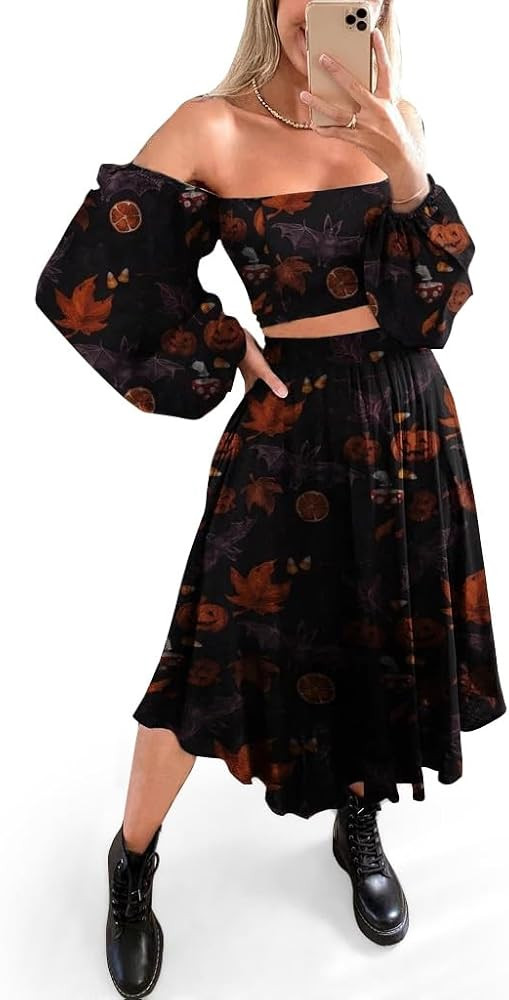 Women Two Piece Midi Skirt Set Halloween Pumpkin Ghost Outfits Casual Strapless Long Sleeve Match... | Amazon (US)