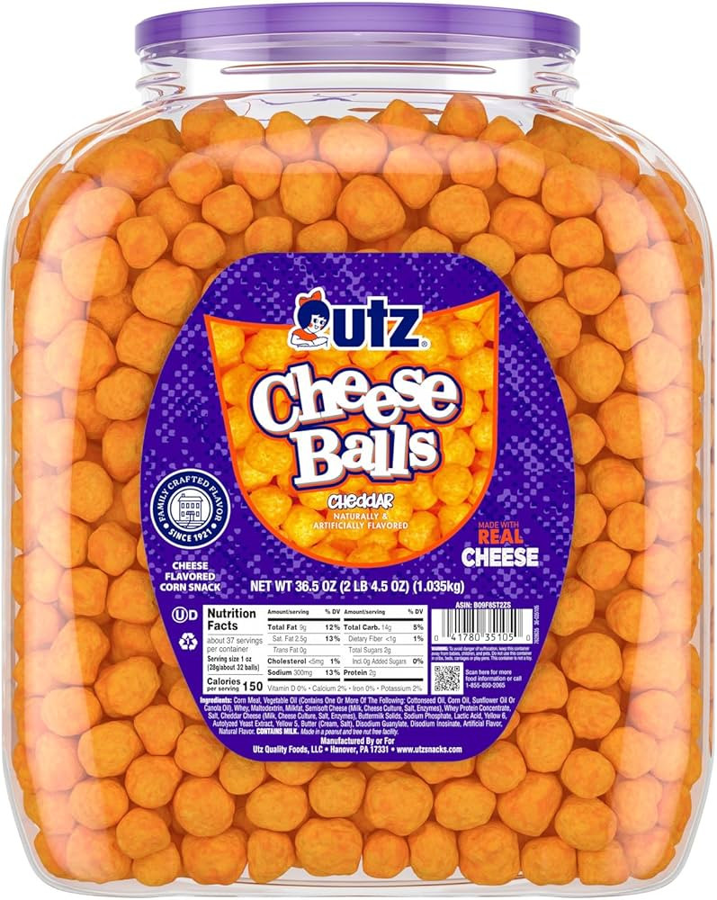 Utz Cheese Balls Barrel, Tasty Snack Baked with Real Cheddar Cheese, Delightfully Poppable Party ... | Amazon (US)