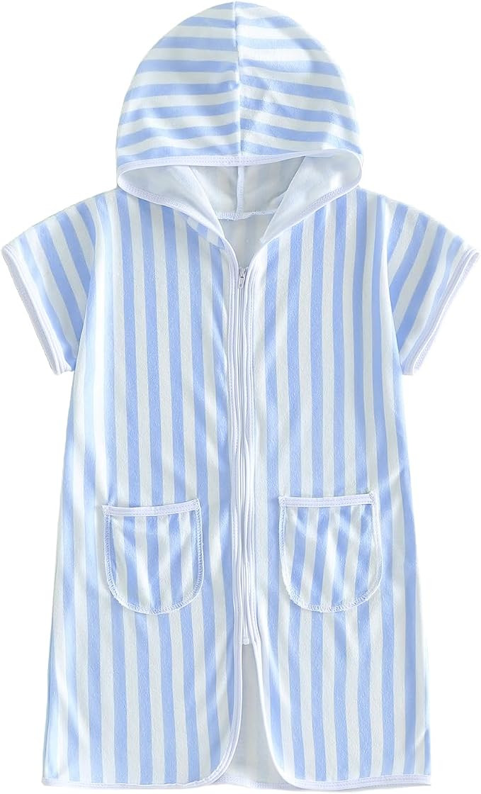 Girls Boys Hooded Terry Coverups One Piece Swimsuits Summer Striped Trim Zip Up Short Sleeve Swim... | Amazon (US)