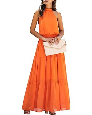 PRETTYGARDEN Women’s Casual Halter Neck Sleeveless Floral Long Maxi Dress Backless Loose Ruffle... | Amazon (US)