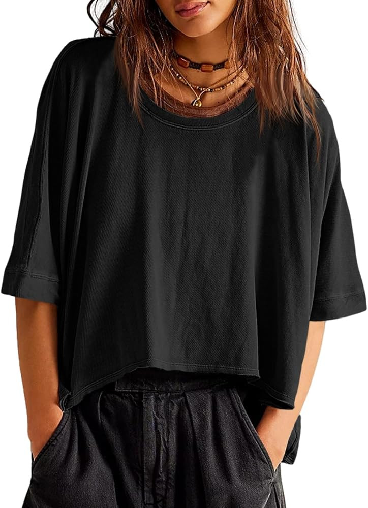 Tankaneo Womens Oversized T-Shirts Cropped Summer Casual Short Sleeve Loose Fit Tee Tops | Amazon (US)