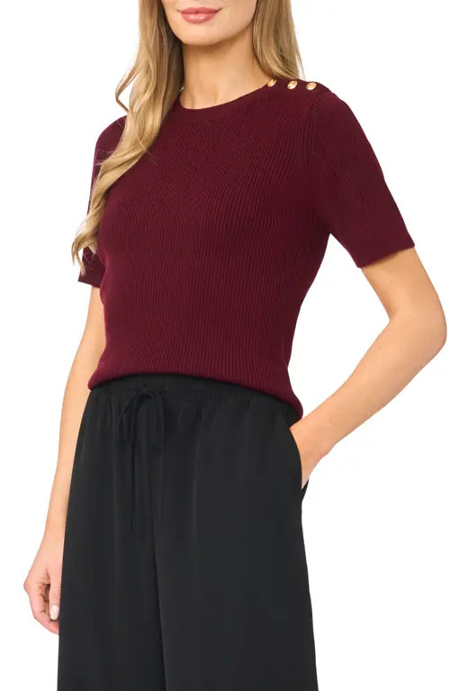 halogen(r) Button Shoulder Rib Short Sleeve Sweater in Rich Burgundy at Nordstrom, Size X-Small | Nordstrom