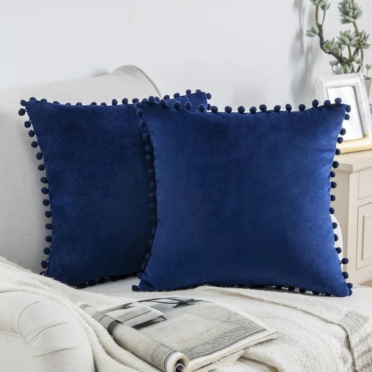 Phantoscope Silky Velvet Series Pom Pom Decorative Throw Pillow with Insert, 20" x 20", Navy Blue... | Walmart (US)