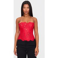 Red Textured Sheer Floral Lace Corset | PrettyLittleThing US