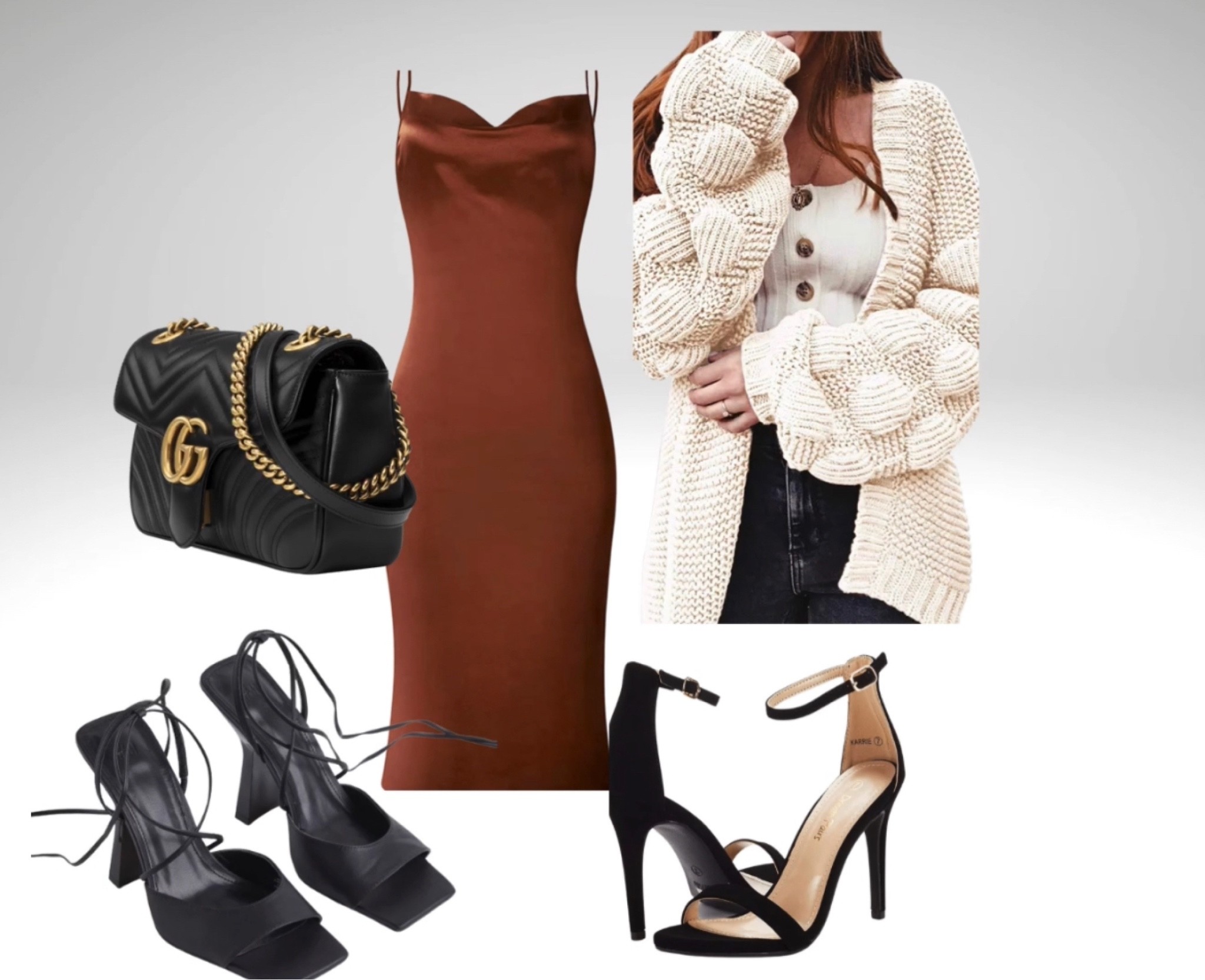 Satin dress.heels. Bags. Knitted cardigan 

#LTKstyletip #LTKSeasonal #LTKhome