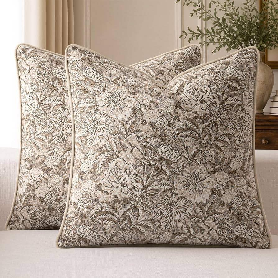 a moment Beige Vintage Floral Tapestry Pillow Cover 20x20 Inch, Jacquard Woven Decorative Throw P... | Amazon (US)