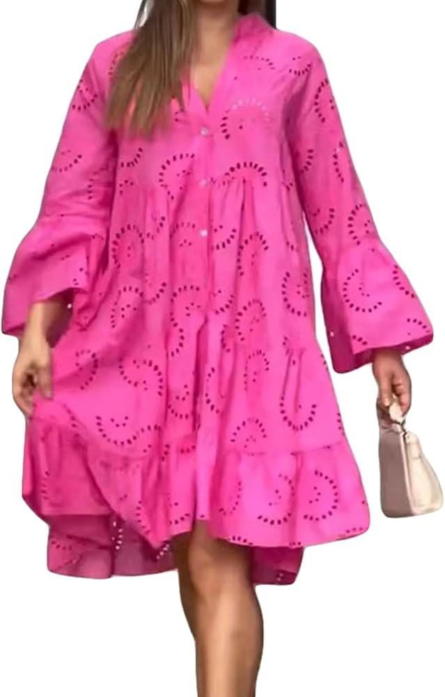 Women's Casual V Neck Dress Floral Eyelet Embroidery Lace Dress Long Sleeve Button Loose A Line S... | Amazon (US)