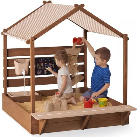 Best Choice Products Deluxe Wooden Sandbox with Canopy, Water Table, Bench Seat, Outdoor Kids Playset - Beige | Walmart (US)