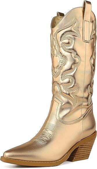 SO SIMPOK Cowboy Boots for Women Embroidered Stitching Chunky Stacked Heel Cowgirl Boots Snip Toe Sl | Amazon (US)