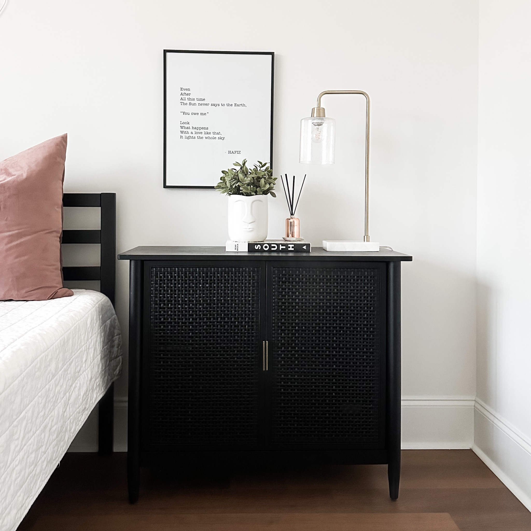 I love an oversized nightstand. With 10-foot ceilings and white walls, I needed something to help anchor the room. Don’t be afraid to think outside the box - these 36-inch caned “nightstands” are actually just storage cabinets! #nightstands #targetfind #bedroominspiration #masterbedroom #bedroom #oversizednightstand #minimalistdesign 

#LTKFind #LTKstyletip #LTKhome