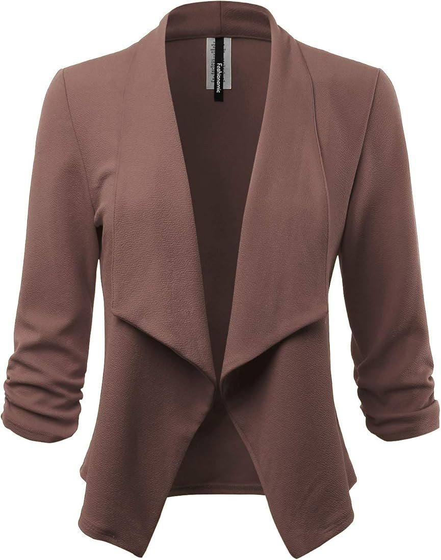 FASHIONOLIC Women's Stretch 3/4 Gathered Sleeve Open Blazer Jacket (Made in USA) | Amazon (US)