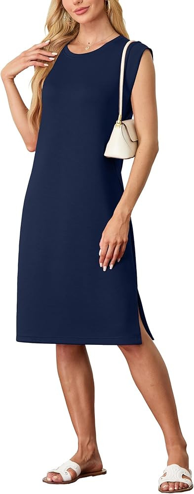 GRECERELLE 2025 Women Summer Round Neck Casual Loose Split Wrinkle-Free Midi Dress with Pockets | Amazon (US)