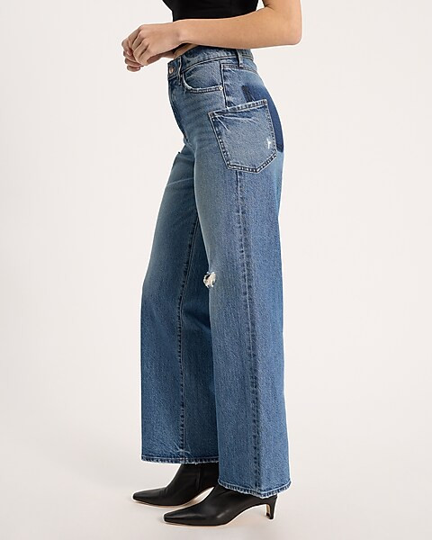 High Waisted Medium Wash Ripped Pocket Detail Wide Leg Jeans | Express