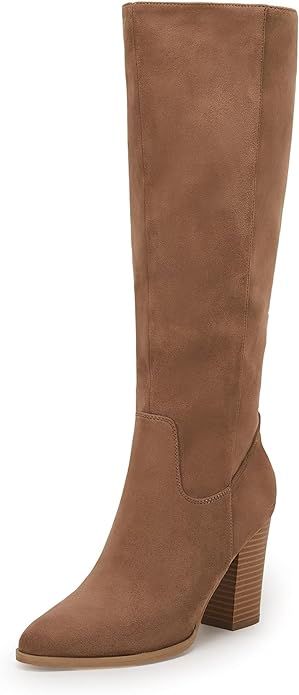 Coutgo Womens Faux Suede Knee High Boots Side Zipper Chunky Heel Stretch Winter Boots | Amazon (US)