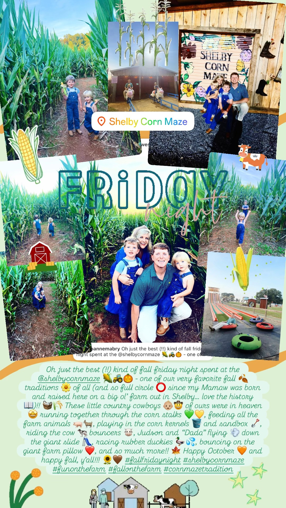 Oh just the best (!!) kind of fall friday night spent at the @shelbycornmaze 🌽🚜🎃 - one of our very favorite fall 🍂 traditions 🌼 of all (and so full circle ⭕️ since my Mamaw was born and raised here on a big ol’ farm out in Shelby… love the history 📖)!! 🧺🌾 These little country cowboys 👶🏼🤠 of ours were in heaven 🤩 running together through the corn stalks 💚💛, feeding all the farm animals 🐖🐐, playing in the corn kernels 🪣 and sandbox 🪏, riding the cow 🐄 bouncers 🐮, Judson and “Dada” flying 💨 down the giant slide 🛝, racing rubber duckies 🦆💦, bouncing on the giant farm pillow ❤️, and so much more!! 🍁 Happy October 🧡 and happy fall, y’all!!! 🌻🤎 #fallfridaynight #shelbycornmaze #funonthefarm #fallonthefarm #cornmazetradition