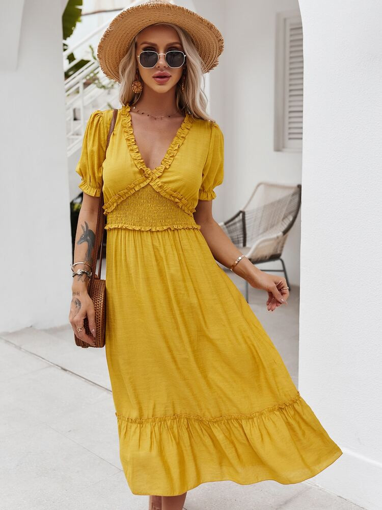 Shirred Waist Frill Trim Ruffle Hem A-line Dress | SHEIN