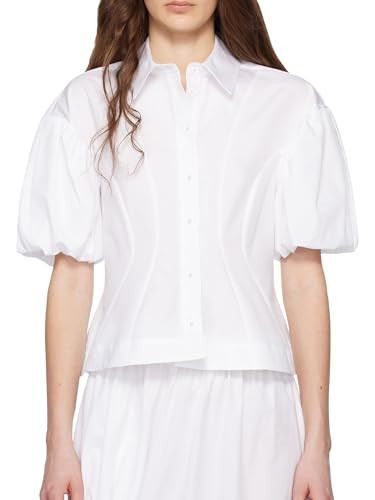 SUNNOW Women's White Cropped Puff Sleeve Blouse Shirt Casual Short Sleeve Tops (US, Alpha, Large, Regular, Regular, White) | Amazon (US)