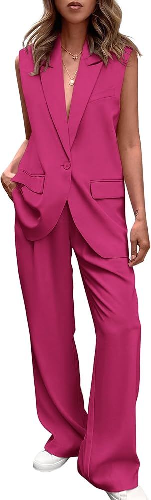 PRETTYGARDEN Women's 2 Piece Outfits Sleeveless Suit Vest and Wide Leg Pants Business Casual Blaz... | Amazon (US)