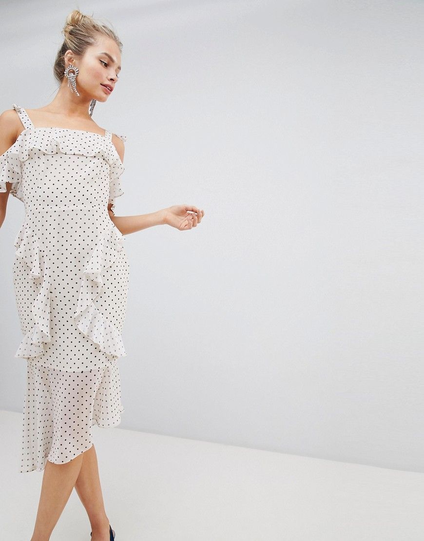 ASOS DESIGN Soft Pencil Midi Dress In Ruffle Polka Dot - Cream | ASOS US