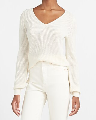 Ribbed Balloon Sleeve V-Neck Sweater | Express