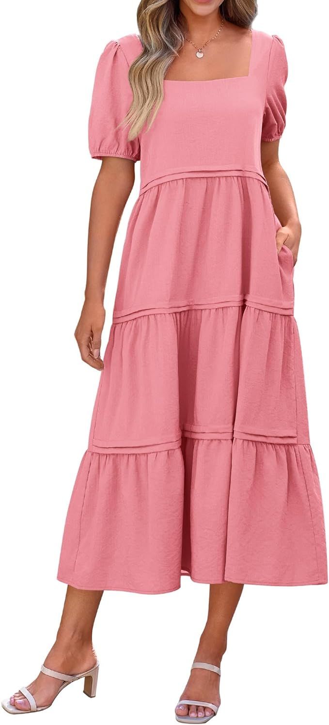 KIRUNDO Women Summer Dresses 2024 Spring Fashion Boho Puff Sleeve Square Neck Pocketed Loose Fit ... | Amazon (US)