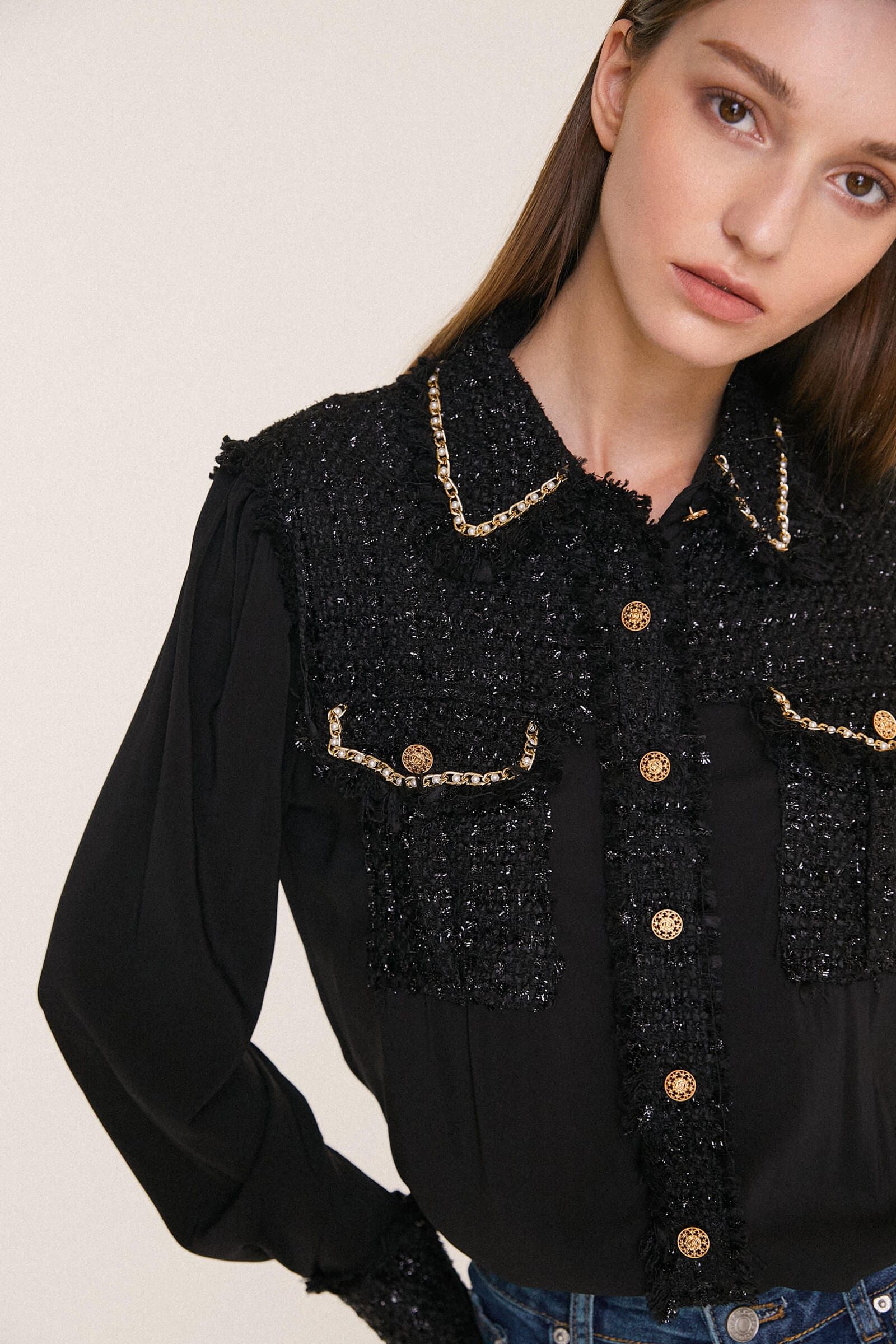 Black Tweed Patchwork Chain Detail Long Sleeve Work Shirt | J.ING