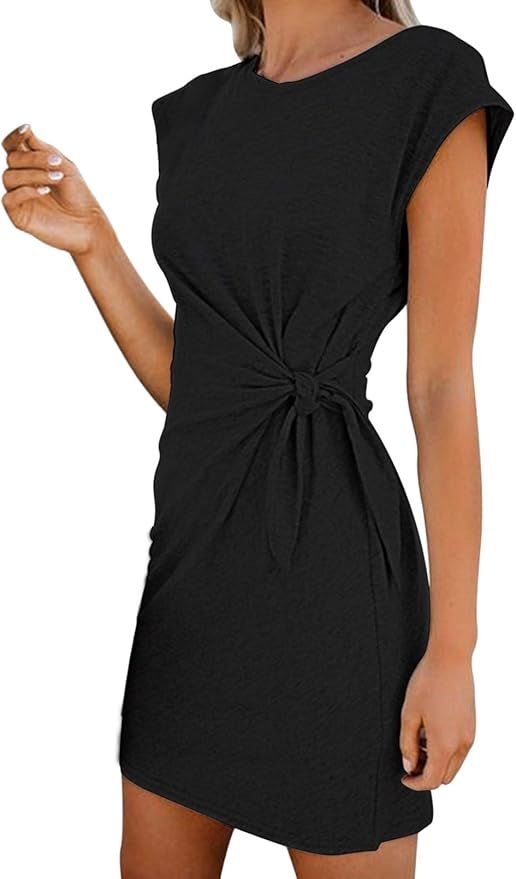 LaSuiveur Women’s Casual Bodycon Tie Waist Cap Sleeve Cotton T Shirt Dress | Amazon (US)