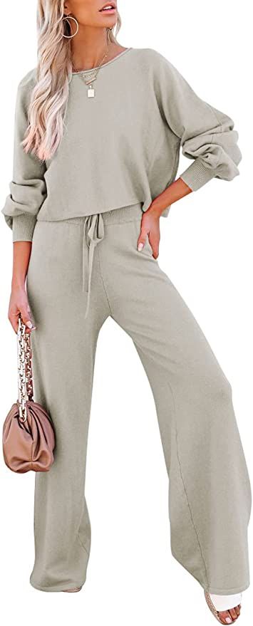 Meenew Women's 2 Piece Sweatsuits Long Sleeve Knit Sweater Wide Leg Pants Outfits Loungewear Set | Amazon (US)