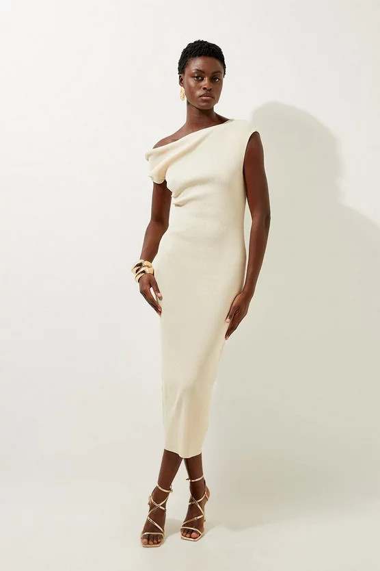 Viscose Blend Rib Knit Off The Shoulder Midaxi Dress | Karen Millen UK + IE + DE + NL
