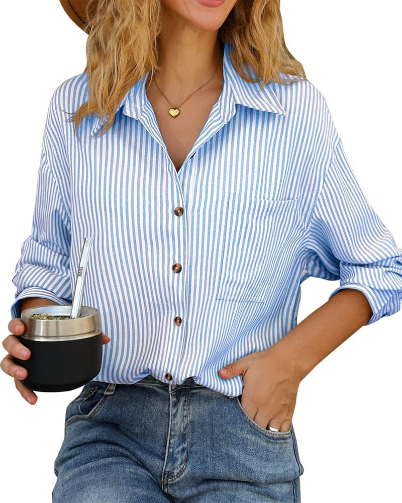 CHYRII Womens Striped Button Down Shirt Casual Long Sleeve Blouse Top | Amazon (US)