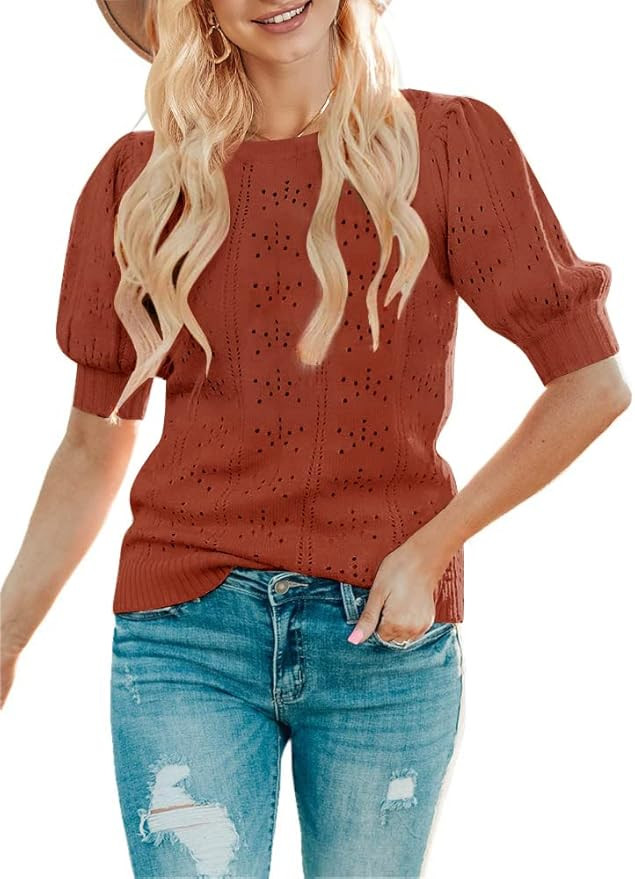 MEROKEETY Women's 2024 Fall Puff Short Sleeve Sweater Tops Crew Neck Crochet Knit Soft Pullover S... | Amazon (US)