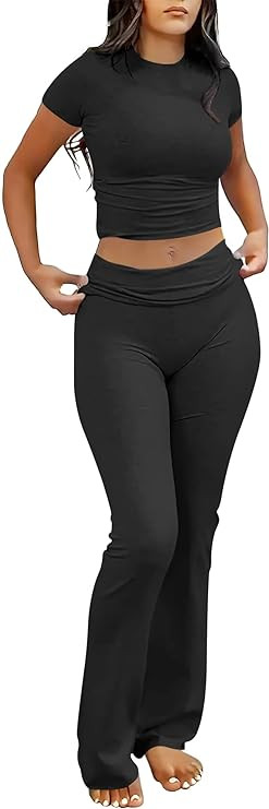 ANRABESS Lounge Sets for Women 2 Piece Foldover Yoga Flare Leggings Pants Crop Tops Casual Y2K Ou... | Amazon (US)