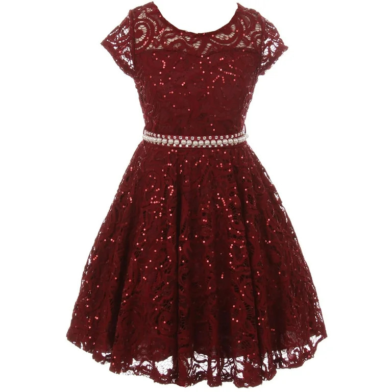 Little Girl Cap Sleeve Floral Lace Glitter Pearl Holiday Party Flower Girl Dress Burgundy 6 JKS 2... | Walmart (US)