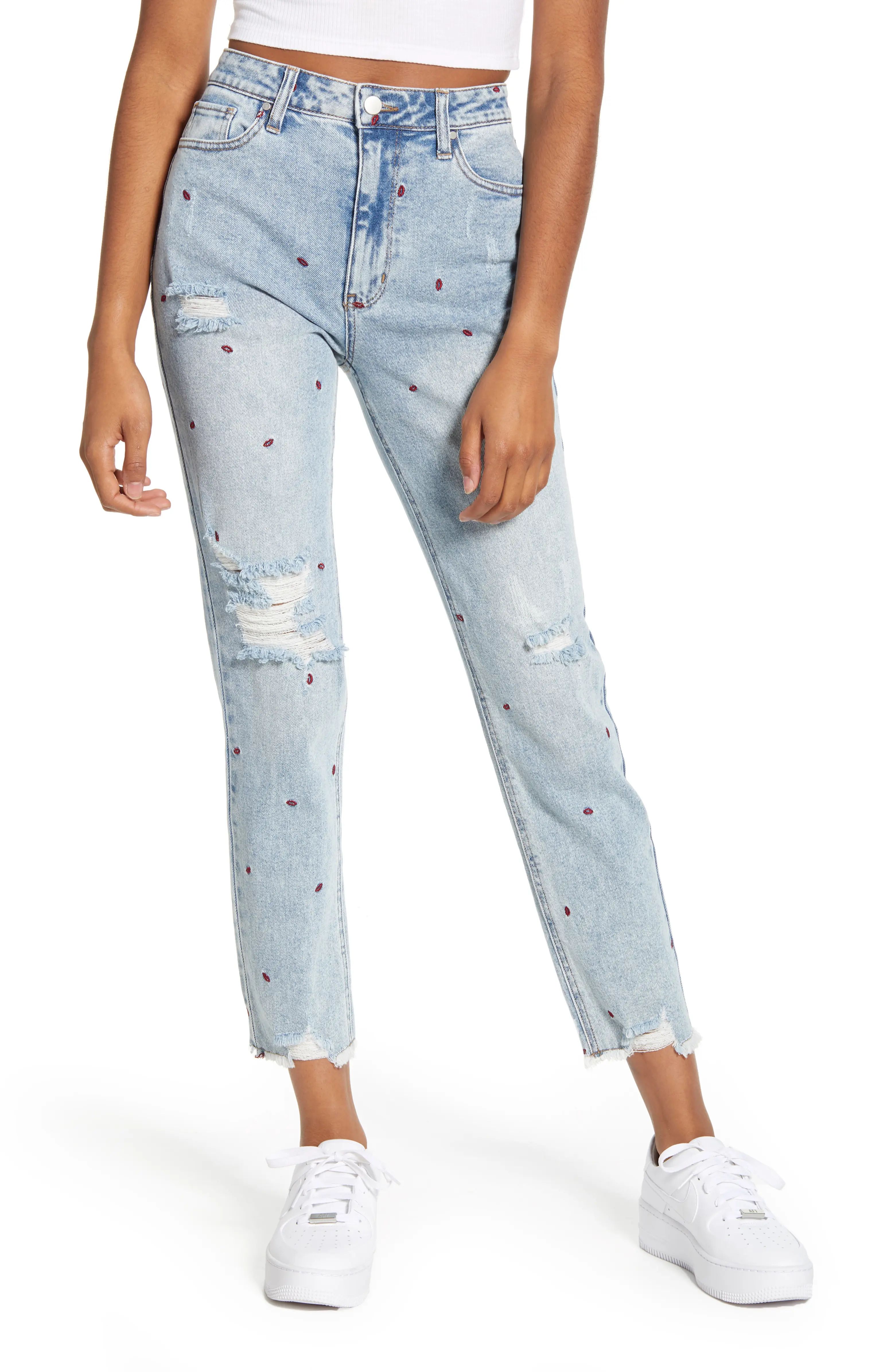 Embroidered Lips Distressed Straight Leg Jeans | Nordstrom