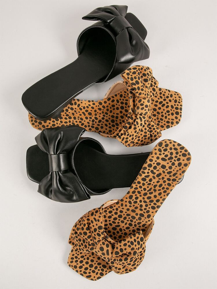 Faux Leather Bow Square Toe Slide Sandals | SHEIN