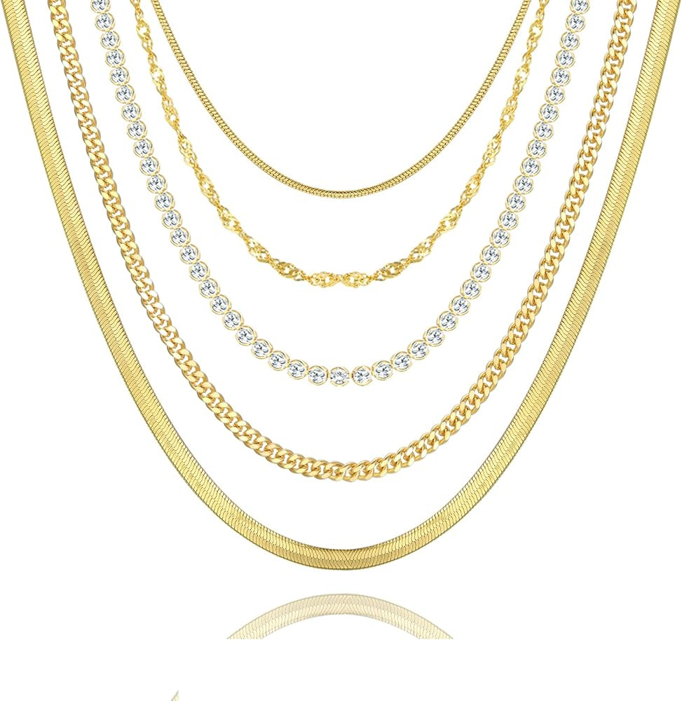 FAXHION 6PCS Gold Layered Chain Necklaces for Women,18k Gold Dainty CZ Choker Necklace Trendy, Ad... | Amazon (US)