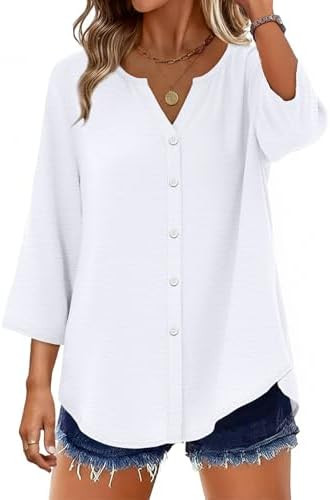 OFEEFAN Button Down Shirts for Women 3/4 Length Sleeve Tops V Neck Blouses Business Casual Outfit... | Amazon (US)