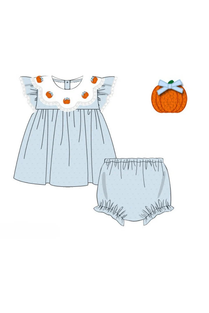 Pre-Order Blue Scalloped Swiss Dot Pumpkin Bloomer Set | The Smocked Flamingo
