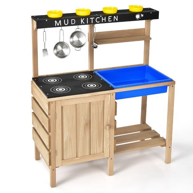 Costway Kids Kitchen Playset Wooden Outdoor Mud Kitchen Pretend Play Toy W/ Kitchenware | Target