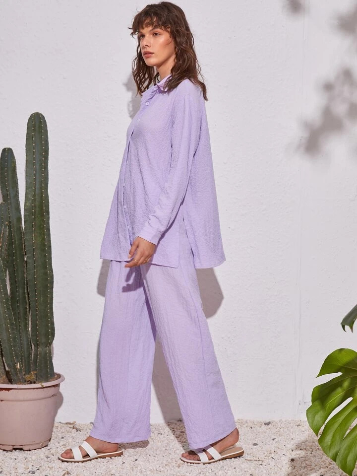 SHEIN Essnce Solid Button Up Blouse & Pants Set | SHEIN