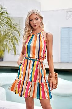 Newshows Womens 2025 Summer Dress Halter Wedding Guest Casual Beach Vacation Outfits Belted Sundr... | Amazon (US)
