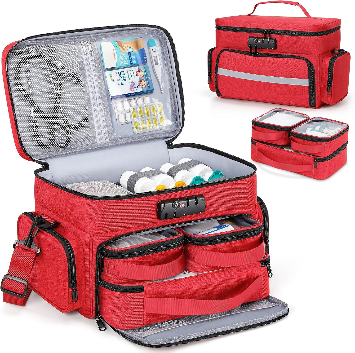 Zannaki Medicine Bag with 3 Removable Pouches, First Aid Bags Empty with Combination Lock, Double Layers Pill Bottle Organizer with Shoulder Strap, Large Medication Travel Storage for Medical Supplies | Amazon (US)