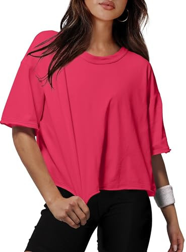 XIEERDUO Cotton Cropped Tee Shirts for Women Red Short Sleeve Crop Tops Round Neck Oversized Tshirts 2XL | Amazon (US)