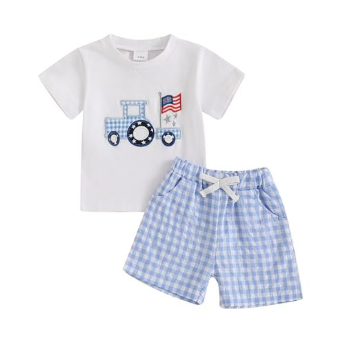 JLKGICF 4th of July Baby Boy Outfit Truck American Flag Shirt Plaid Pattern Shorts Fourth of July Baby Boy Outfit (White Truch and US flag, 3-6 Months) | Amazon (US)