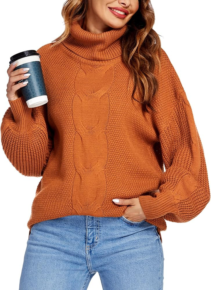 GEESENSS Womens Turtleneck Batwing Long Sleeve Oversized Cable Chunky Knit Pullover Sweater Jumpe... | Amazon (US)