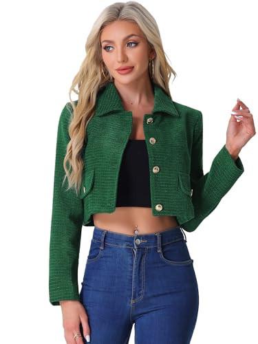 Allegra K Button Blazer for Women's Short Suit Collared Crop Tweed Jacket Large Green | Amazon (US)