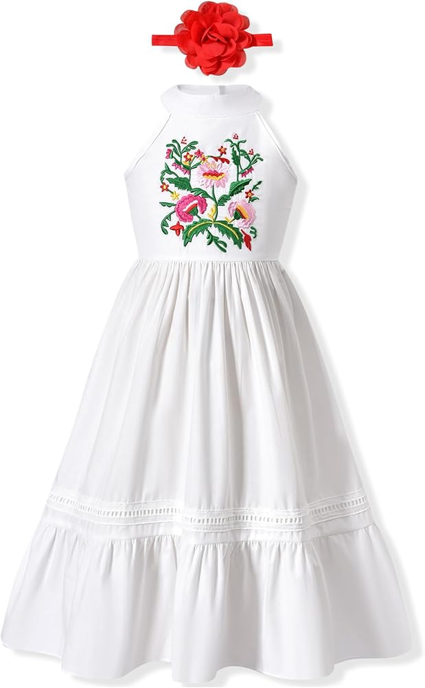 fioukiay Girls Mexican Floral Embroidered Dress Halter Neck Sleeveless Ruffle Party Long Maxi Dre... | Amazon (US)