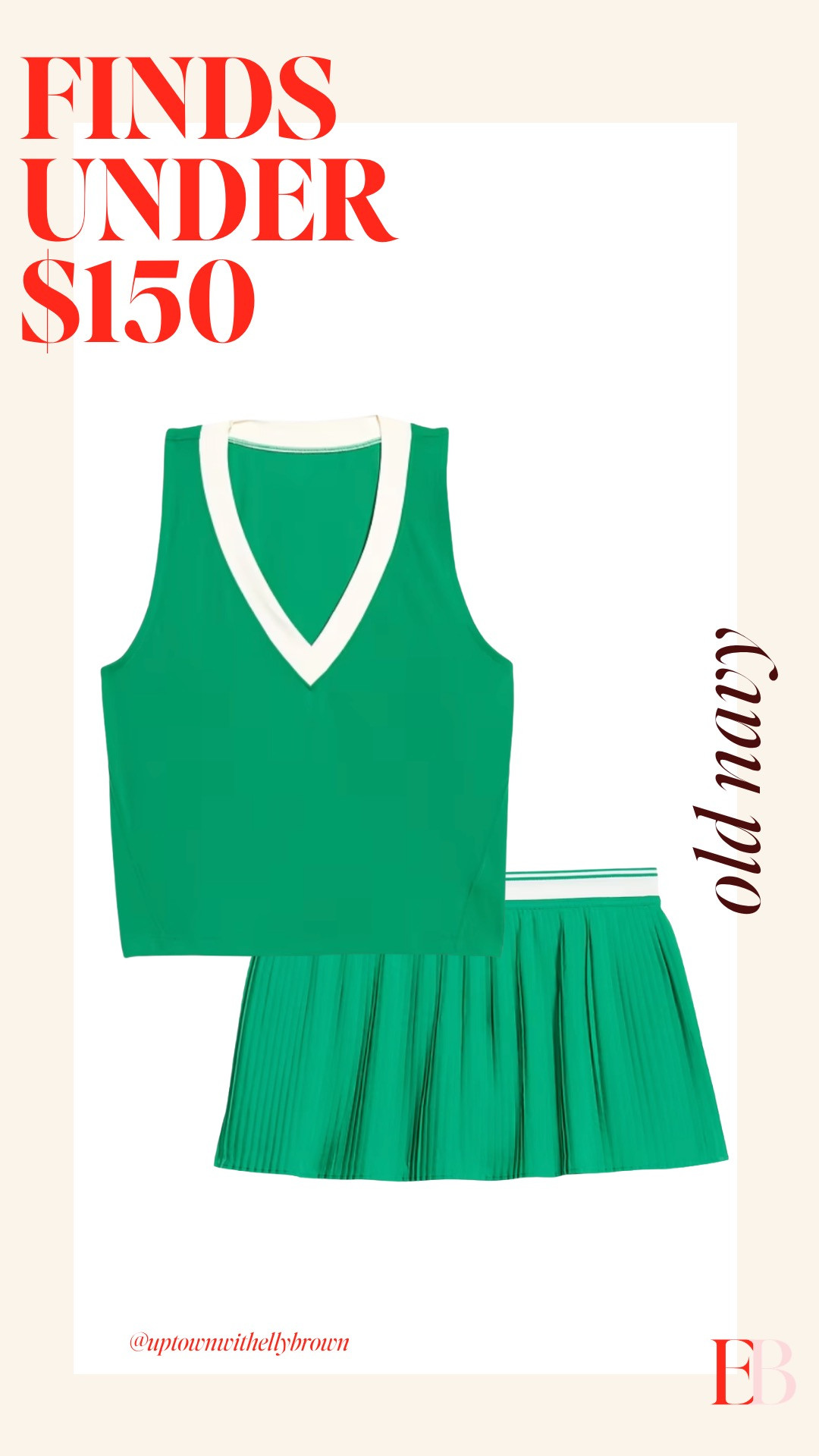 Okay hear me out — this green tennis set from Old Navy is doing a lot for the price point. The v-neck tank with the white contrast trim + the pleated skort in the same kelly green? It looks like it belongs at a country club, not at the Old Navy by the freeway.
The set runs true to size and the skort has built-in shorts with a pocket, so it's actually functional. I'd wear this to a morning workout and straight into lunch without changing.
Both pieces are under $40 each. Link is for the full set. 

 #LTKootd #LTKActive #LTKSaleAlert